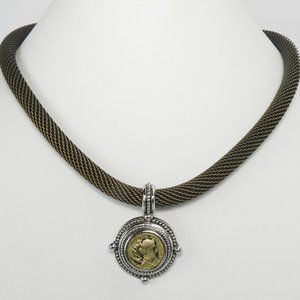 Dark Metal Mesh Necklace With Coin Pendant